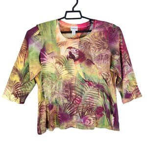 Womens Multicolor Chicos Tropical Top Blouse Parrot Print 3/4 Sleeve Size 3